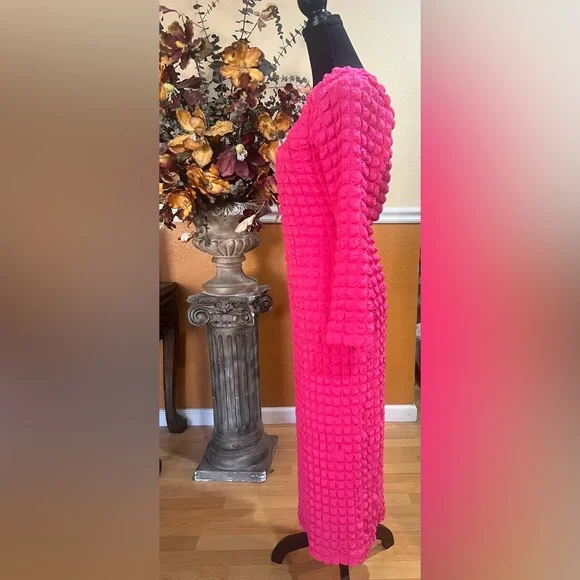 ANTONIO MELANI Bubble Smocked Knit Square Neck Long Sleeve Midi Bodycon Dress - Picture 3 of 9